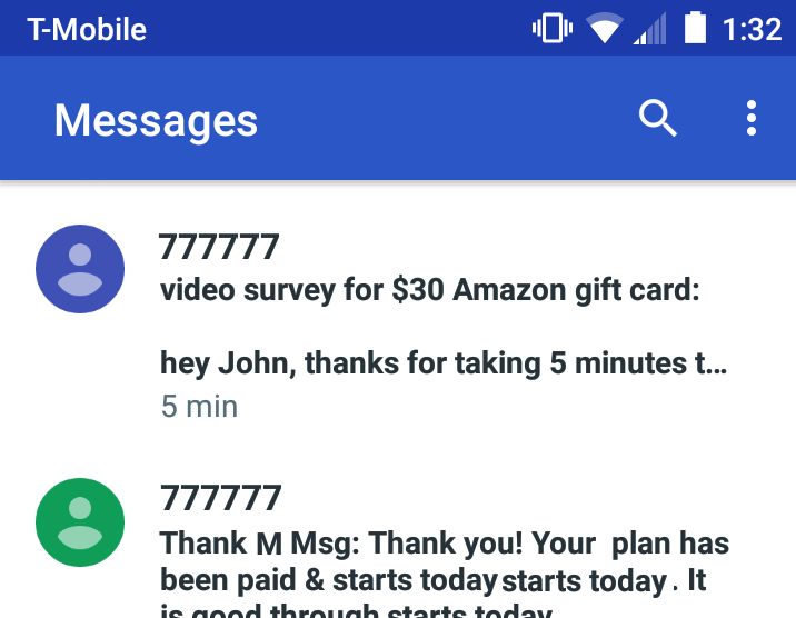 Preview of SMS invite message in inbox