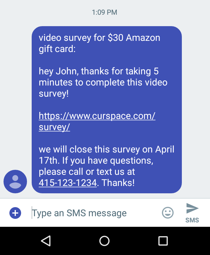 Preview of SMS invite message in inbox